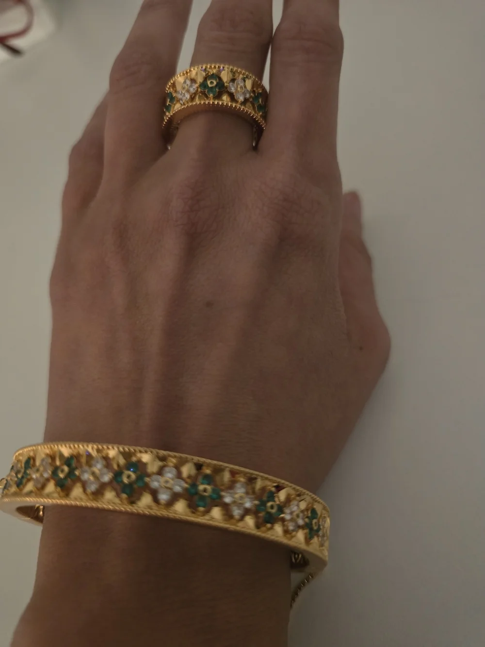 22kgp Dubai Jewelry Gold Tone Floral Green Enamel Ring and Bangle Set - Picture 3 of 15
